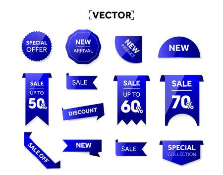 Set of 3d deep blue badges or labels for sale off, new product arrival, discount event in different shapes, isolated on white background. Discount Badge set, label set. 3d Vector illustration. Vector illustrationのイラスト素材