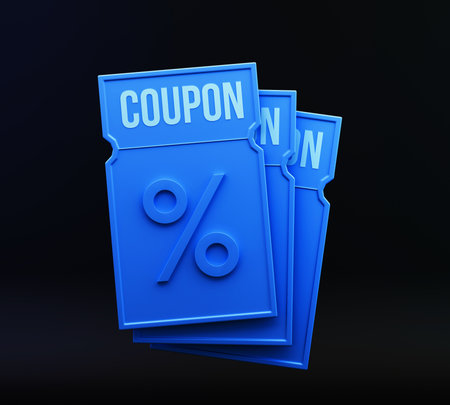 3d rendered deep blue coupon with percentage off in plastic style on black background. 3d rendered couponの写真素材