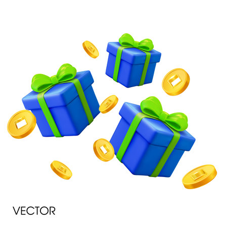 3d flying minimal gift boxes with golden coins, isolated on white background. 3d Cash back, gift giveaway vector banner template. Vector illustrationのイラスト素材
