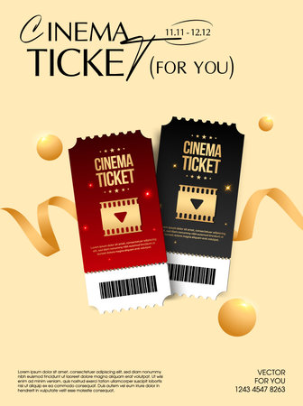 3d luxury movie tickets with barcode, isolated on background with golden ribbons. 3d theater box ticket vector icon. Vector illustrationのイラスト素材