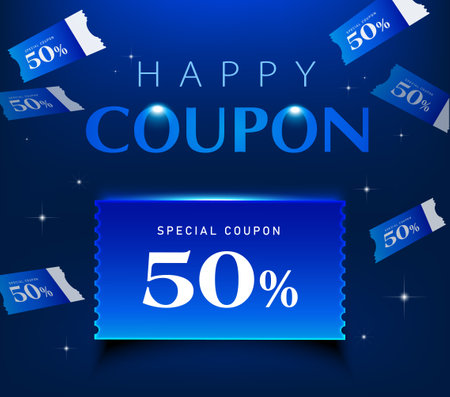 Set of 3d special coupons in deep blue color with coupon code, percent price off, isolated on dark background with sparkling effect. Discount voucher poster for promotion campaign. 3d vector. Vector illustrationのイラスト素材