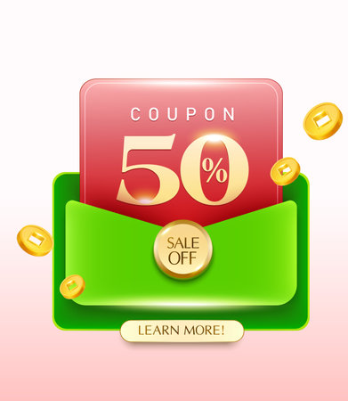 3d elegant coupon inside an envelope with CTA button, percent price off, coupon code, isolated on light background with golden coins flying around. Gift voucher banner template in 3d vector. Vector illustrationのイラスト素材