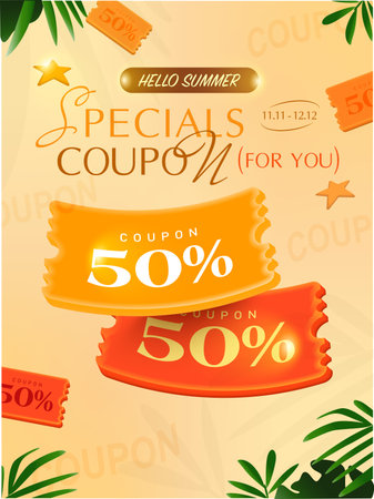 Hello summer 3d coupon banner template with percent price off, coupon code, starfish, isolated on sand background. Summer vacation gift voucher for sale off event in 3d vector. Vector illustrationのイラスト素材