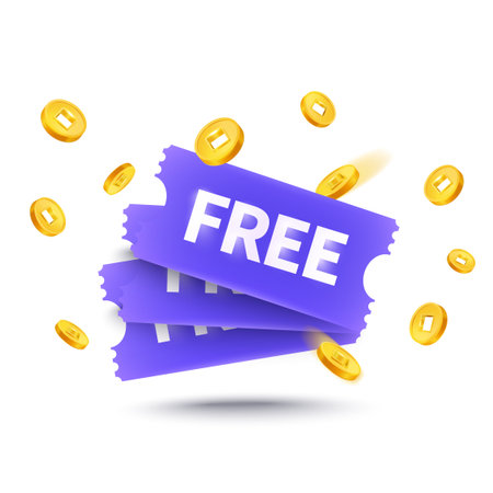 3d flying free purple coupon with golden coins, percentage badge or label, isolated on pastel background. 3d Flying gift voucher for cash back event vector illustration. Vector illustrationのイラスト素材