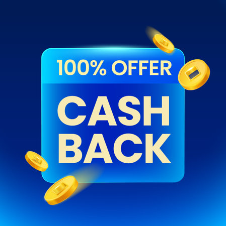 3d 100 percent cash back banner template with coins flying around, isolated on background. Vector illustrationのイラスト素材
