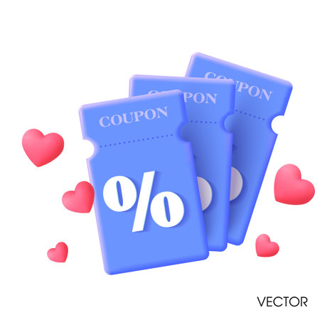 3d valentine vouchers with hearts flying around, isolated on white background. Coupon with hearts in 3d vector. Vector illustrationのイラスト素材
