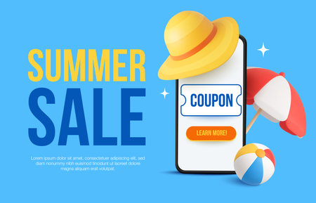 3d travel banner template with mobile phone, beach hat, umbrella and pool ball, isolated on background. Summer sale banner template in 3d vector. Vector illustrationのイラスト素材