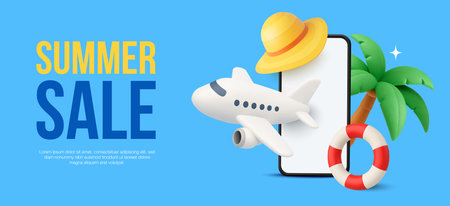 3d travel banner template with mobile phone, beach hat, umbrella and pool ball, airplane isolated on background. Summer sale background in 3d vector. Vector illustrationのイラスト素材
