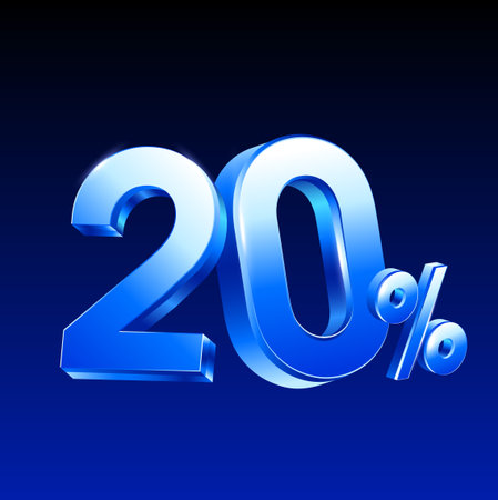 3d 20% or 20 percent rendered in blue metal style, vector illustration. 20 percent icon in 3d vector. Vector illustrationのイラスト素材