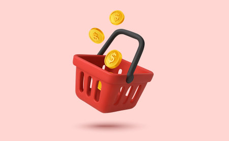 3d red shopping basket or shopping cart icon with flying golden coins, isolated on white background. Shopping basket cash back icon in 3d vector. Vector illustrationのイラスト素材