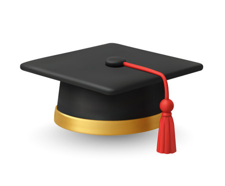 3d graduation cap or hat, isolated on white background. Graduation hat icon in 3d vector. Vector illustrationのイラスト素材