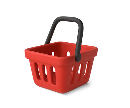 3d red shopping basket or shopping cart icon, isolated on white background. Shopping basket icon in 3d vector. Vector illustrationのイラスト素材