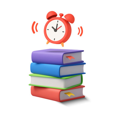 3d book stack with ringing alarm, isolated on white background. Time to study with book pile and alarm icon in 3d vector illustration. Vector illustrationのイラスト素材