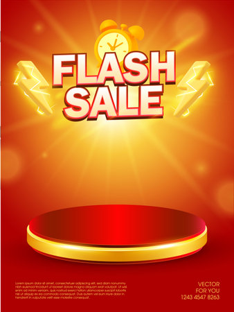 Flash sale podium for product showcase banner template with lightning bolt and alarm icon, isolated on red background. Limited flash sale banner template with stage in 3d vector. Vector illustrationのイラスト素材