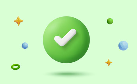 3d green check mark or circle check box, isolated on background. Validated icon in 3d vector. Vector illustrationのイラスト素材