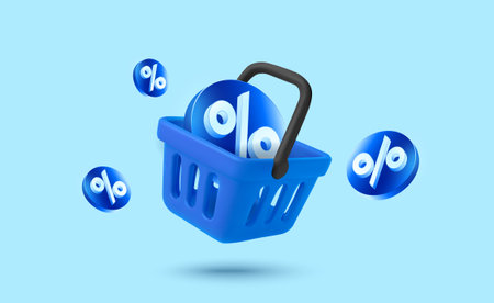 3d blue shopping basket or cart with percent discount tags, isolated on background. Shopping discount concept in 3d vector illustration. Vector illustrationのイラスト素材