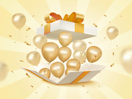 3d exploded gift box with flying balloons and confetti effect, isolated on background. Gift box pop up banner template in 3d vector. Vector illustrationのイラスト素材