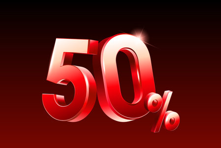 3d 50% or 50 percent rendered in red metal style, vector illustration. 50 number percent icon in 3d vector illustration. Vector illustrationのイラスト素材