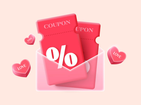 3d couple of pink gift voucher cards in a transparent envelope, isolated on background with flying hearts icon, isolated on background. 3d cashback coupon in vector illustration. Vector illustrationのイラスト素材