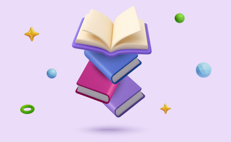 3d floating books with an opened book on top, isolated on background. Flying books concept in 3d vector illustration. Vector illustrationのイラスト素材