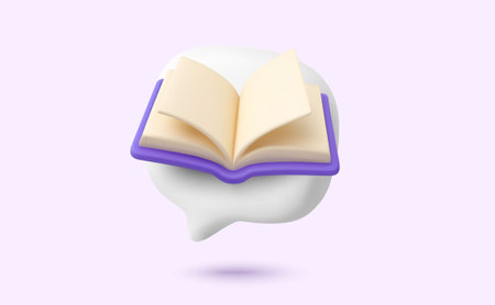 3d chat bubble with opened book, isolated on background. Knowledge message bubble icon in 3d vector illustration. Vector illustrationのイラスト素材