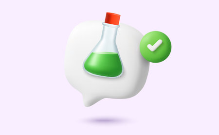 3d chat bubble with chemical flash, substance liquid inside, green check mark, isolated on background. Valid chemical mixed substance liquid message, isolated on background. Vector illustrationのイラスト素材