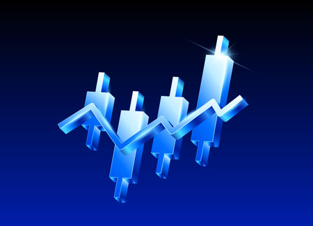 3d Japanese candlestick chart and line chart in blue metal style, isolated on dark blue background. Stock or crypto chart icon in 3d vector illustration. Vector illustrationのイラスト素材