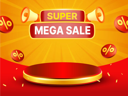 Super mega sale podium banner template with percentage icon flying around, isolated on background with megaphone. Mega sale product showcase with stage in 3d vector illustration. Vector illustrationのイラスト素材