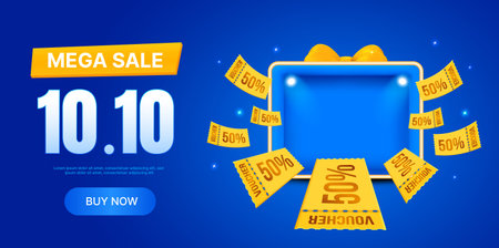 10.10 Mega Sale promotional banner featuring floating yellow discount vouchers offering 50% off, a glowing blue background, and a gift box with a ribbon. 3d vector illustration. Vector illustrationのイラスト素材