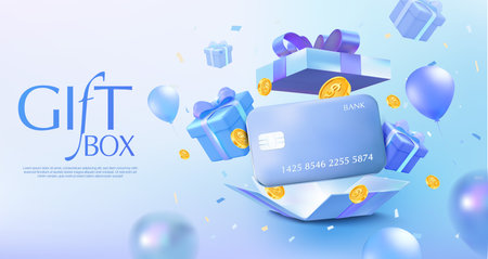 3d blue-themed gift box concept featuring a bank card, coins, balloons, and floating presents. Perfect for finance, rewards, loyalty programs, and festive promotions 3d vector illustration. Vector illustrationのイラスト素材