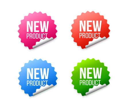 A colorful vector set of New Product stickers in pink, red, blue, and green with curled corners, perfect for e-commerce promotions, marketing labels, and retail product launches. 3d vector. Vector illustrationのイラスト素材