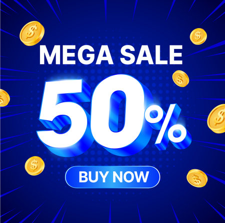 Blue Mega Sale 50% promotional banner with glowing typography, golden coins, and a Buy Now button. 3d vector illustration. Vector illustrationのイラスト素材