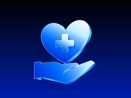 3d blue glossy medical heart with a cross symbol resting above an open hand, representing healthcare support, protection, and medical assistance. Vector illustrationのイラスト素材