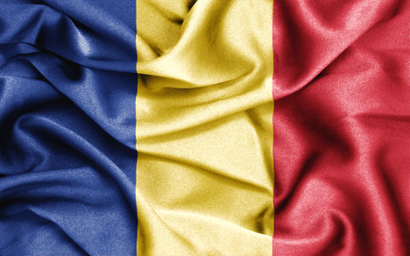 Waving flag of Romania and Romania, three dimensional render, satin textureの写真素材