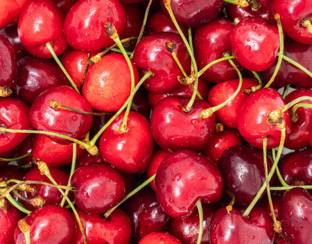 close up of wet sweet cherriesの写真素材