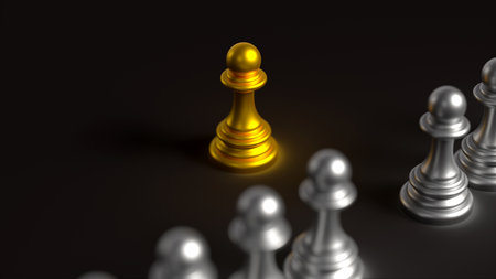 golden chess pawn on dark background with copy space. first move concept. 3D renderの写真素材