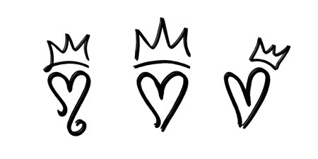 set of hand drawn hearts and crowns. vector doodles.のイラスト素材
