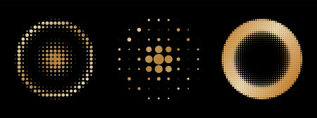 Golden luxury Halftone circles. Dotted texture border isolated on black background. Vector illustrationのイラスト素材
