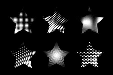 set of star Sign, dotted halftone stars on black background. Vector illustrationのイラスト素材