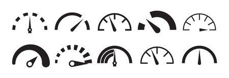 Various black gauges measure fuel level, speed, and temperature. Vector illustration