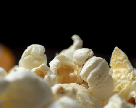 close up of freshly popped popcorn. Popcorn ready for movie night snackingの写真素材