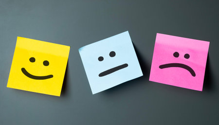Three sticky notes display cheerful, neutral, and sad smiley faces expressing emotions