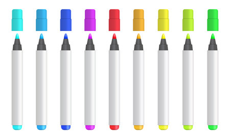 Brightly colored markers organized in a straight line. Vector illustrationのイラスト素材