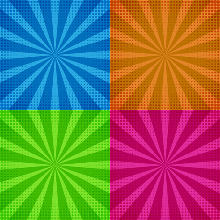 Four vibrant vintage pop art backgrounds feature distinct color patternsのイラスト素材