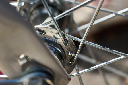 Close up view of a bicycle wheels hub and spokesの写真素材