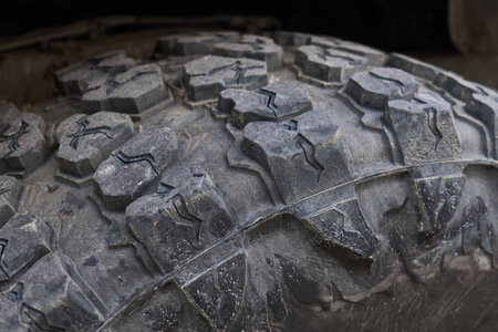 Close-up view of a rugged tire tread patternの写真素材
