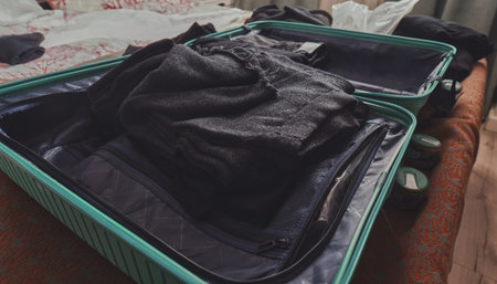Preparing luggage with neatly folded clothingの写真素材