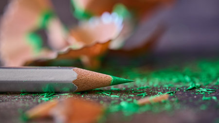 A green pencil rests next to wood shavings on a surface.の写真素材