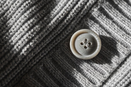 Detailed view of a button on a gray knitted garment.の写真素材