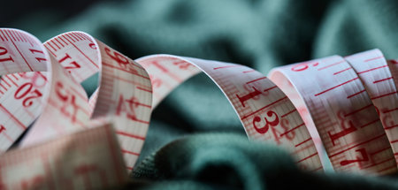 Close up of a white and red measuring tape resting on dark green textile materialの写真素材